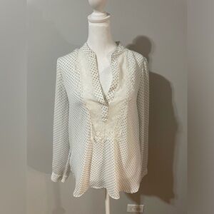 Women’s Lauren Conrad Lace Front White Polka Dot Long Sleeve Blouse Size Medium